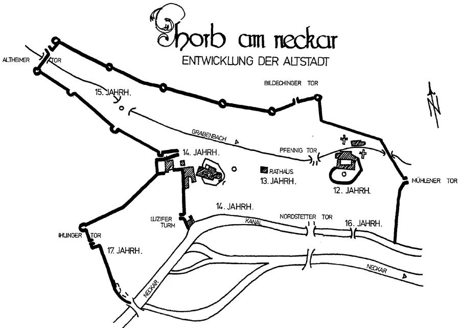Plan der Entwicklung der Altstadt von Horb am Neckar vom 12. bis zum 17. Jahrhundert mit den Stadttoren