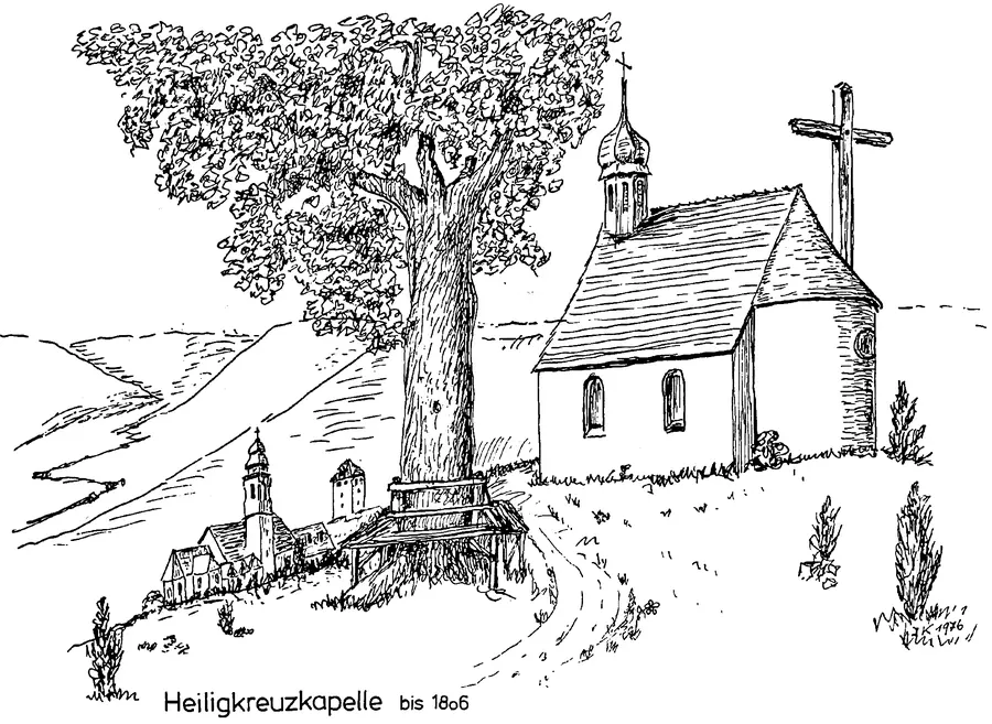 Zeichnung der Heiligkreuzkapelle auf dem Kreuzkapellenberg bei Horb mit der großen Linde