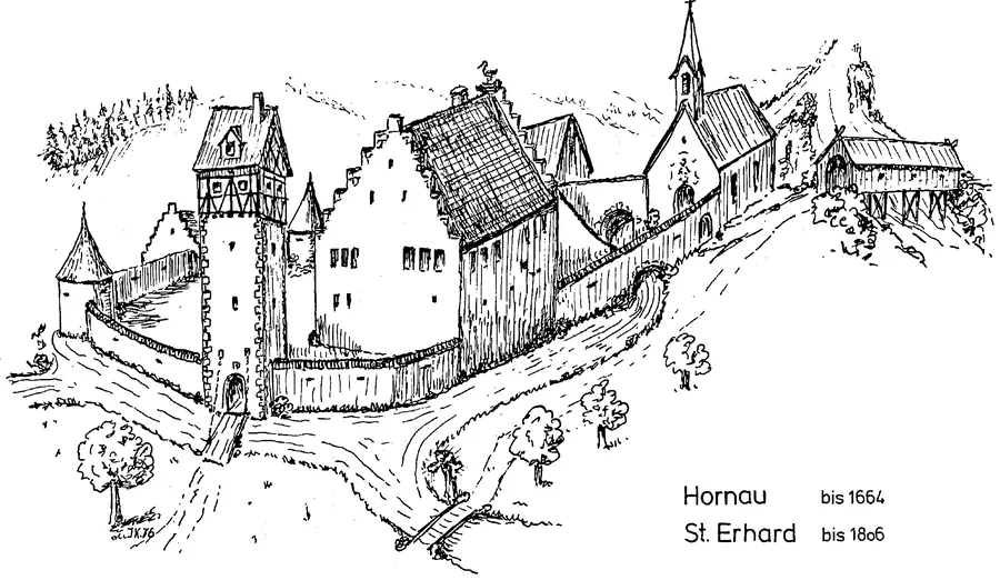 Zeichnung des Wasserschlosses Hornau und der Kirche St. Erhard bei Horb