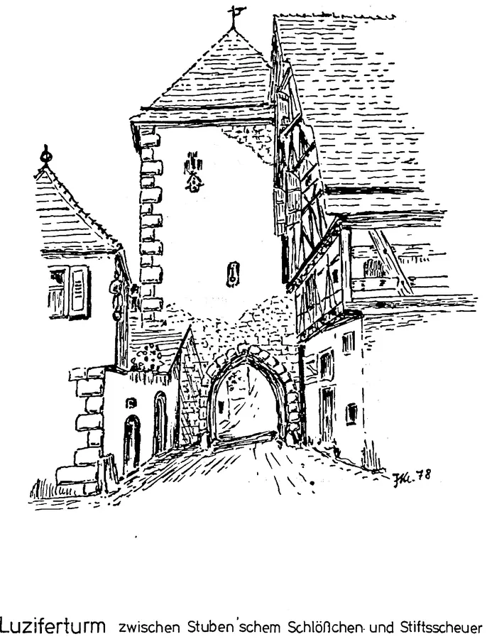 Zeichnung des Luziferturms zwischen dem Stuben'schen Schlößchen und der Stiftsscheuer in Horb
