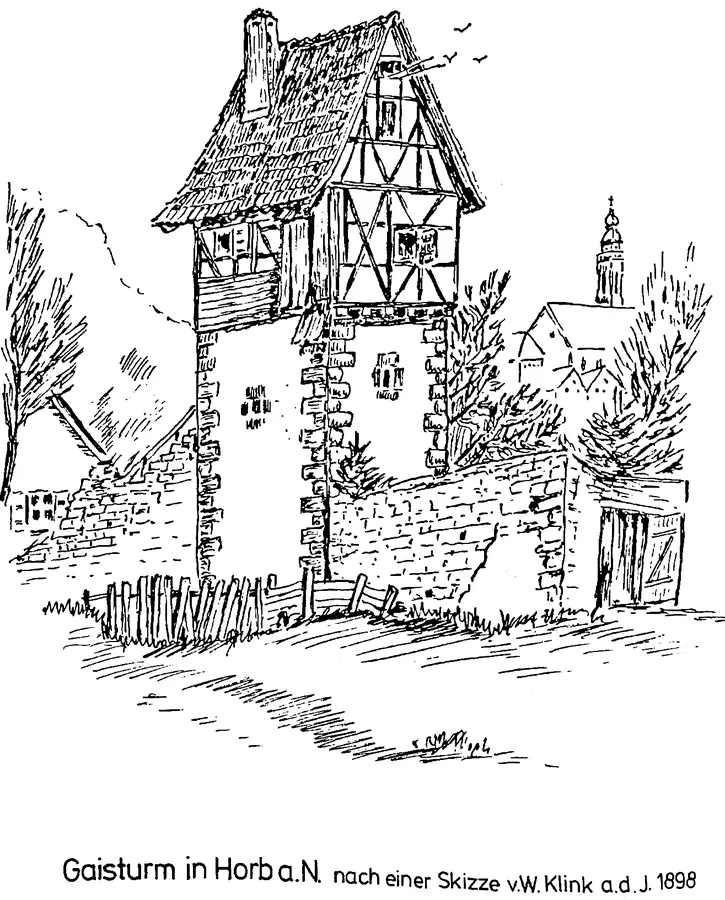 Zeichnung des Gaisturms in Horb am Neckar nach einer Skizze von Wilhelm Klink aus dem Jahr 1898