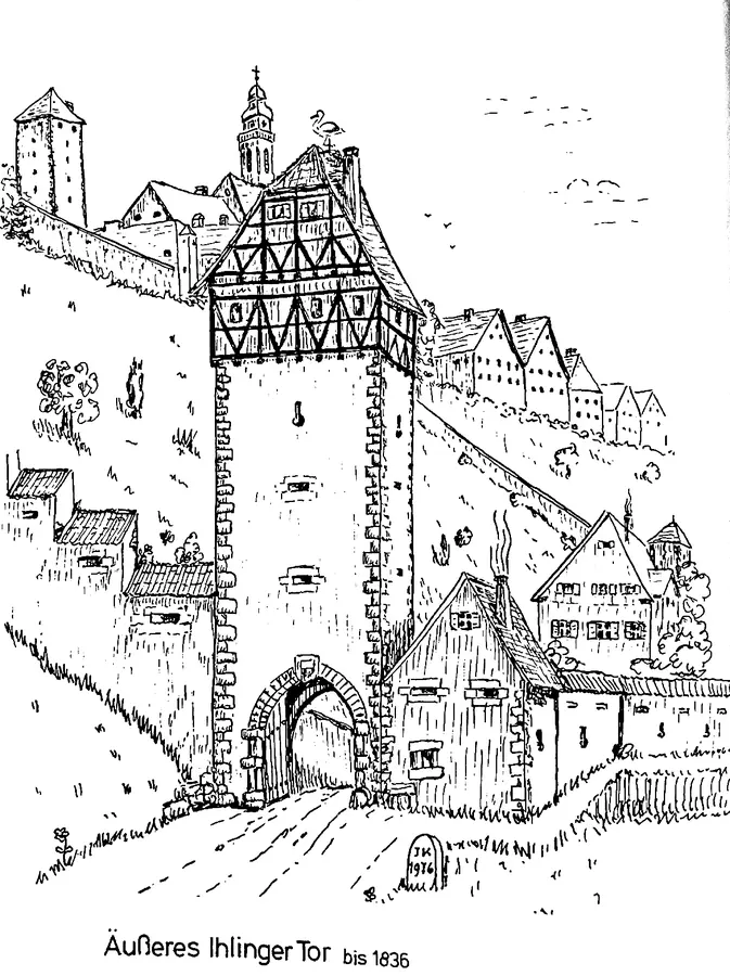 Zeichnung des äußeren Ihlinger Tors in Horb, das bis 1836 bestand