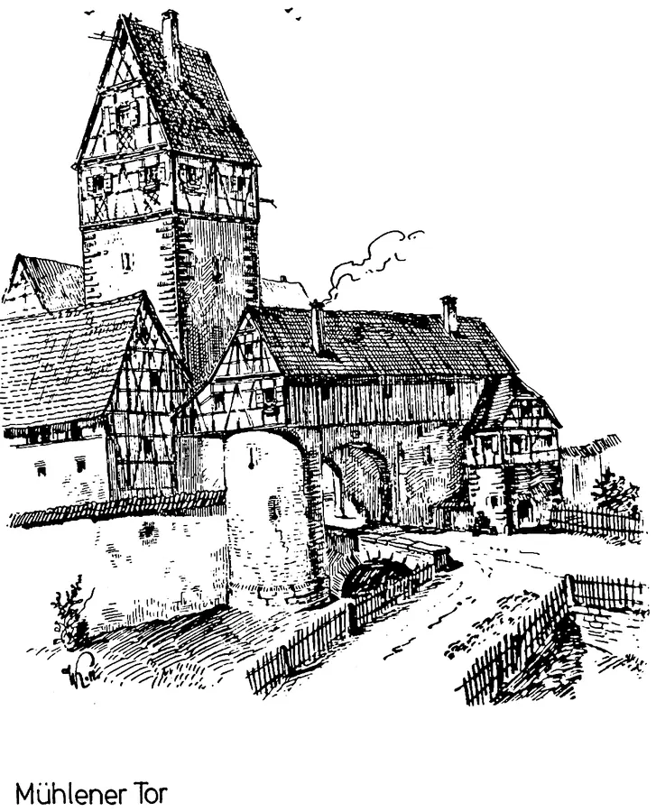 Zeichnung des Mühlener Tors in Horb mit Fachwerkaufbau und Mühlrad