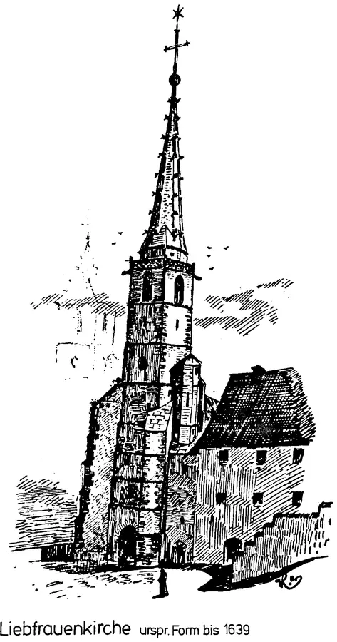 Zeichnung der Liebfrauenkirche in Horb in ihrer ursprünglichen Form mit hohem spitzem Turm