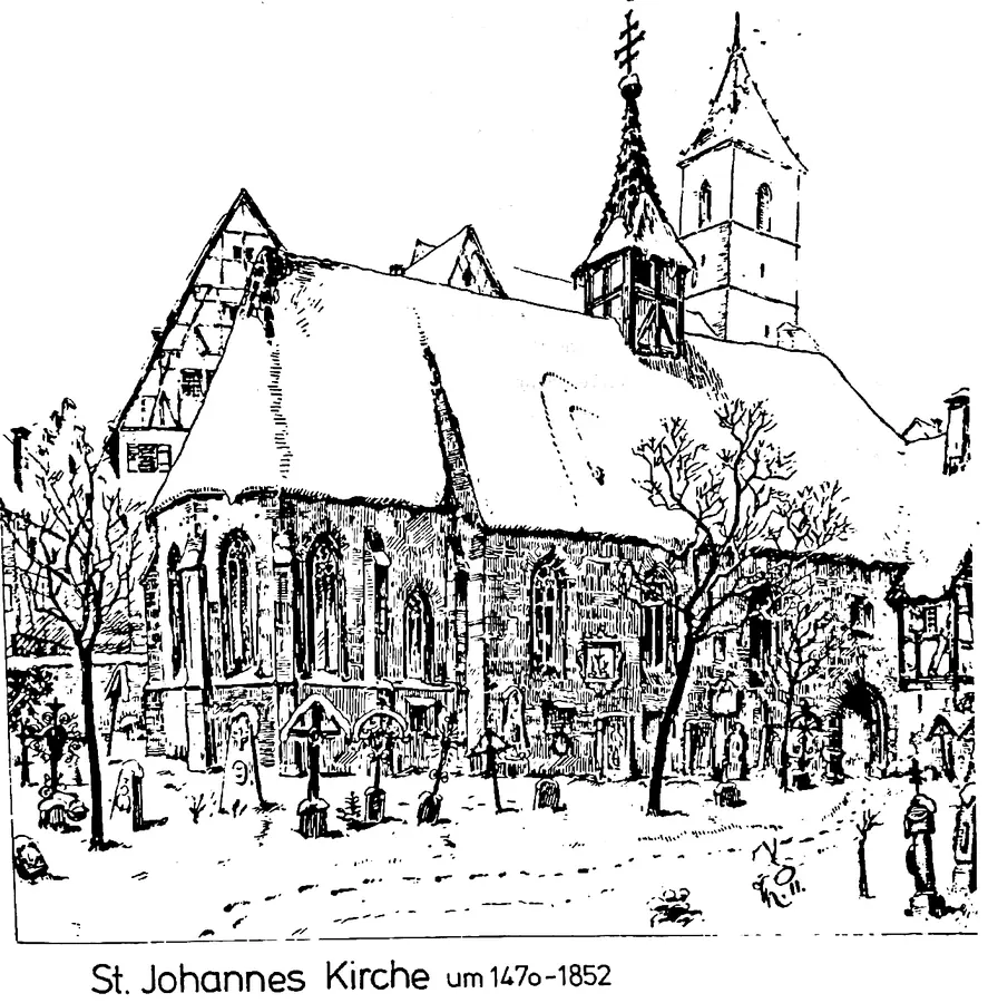 Zeichnung der St. Johannes Kirche in Horb mit dem umgebenden Friedhof