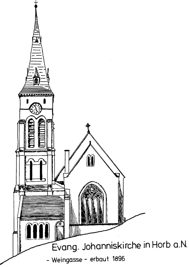 Zeichnung der evangelischen Johanniskirche in der Weingasse in Horb, erbaut 1896