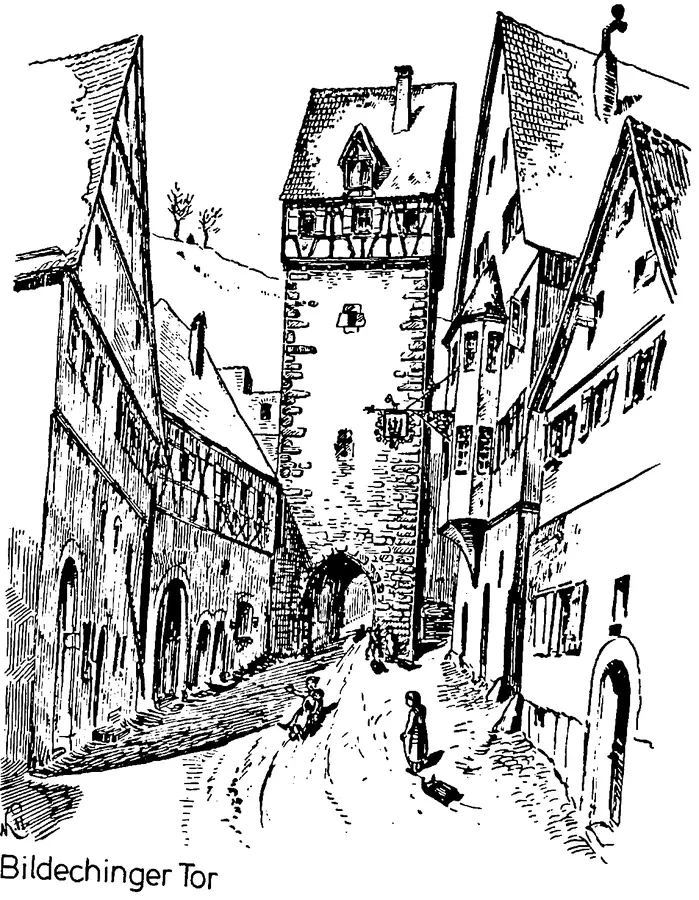 Zeichnung des Bildechinger Tors in Horb mit der ansteigenden Gasse