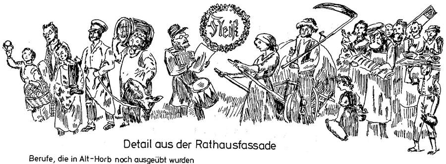Fries von der Horber Rathausfassade mit einem Zug von Handwerkern und ihren Werkzeugen