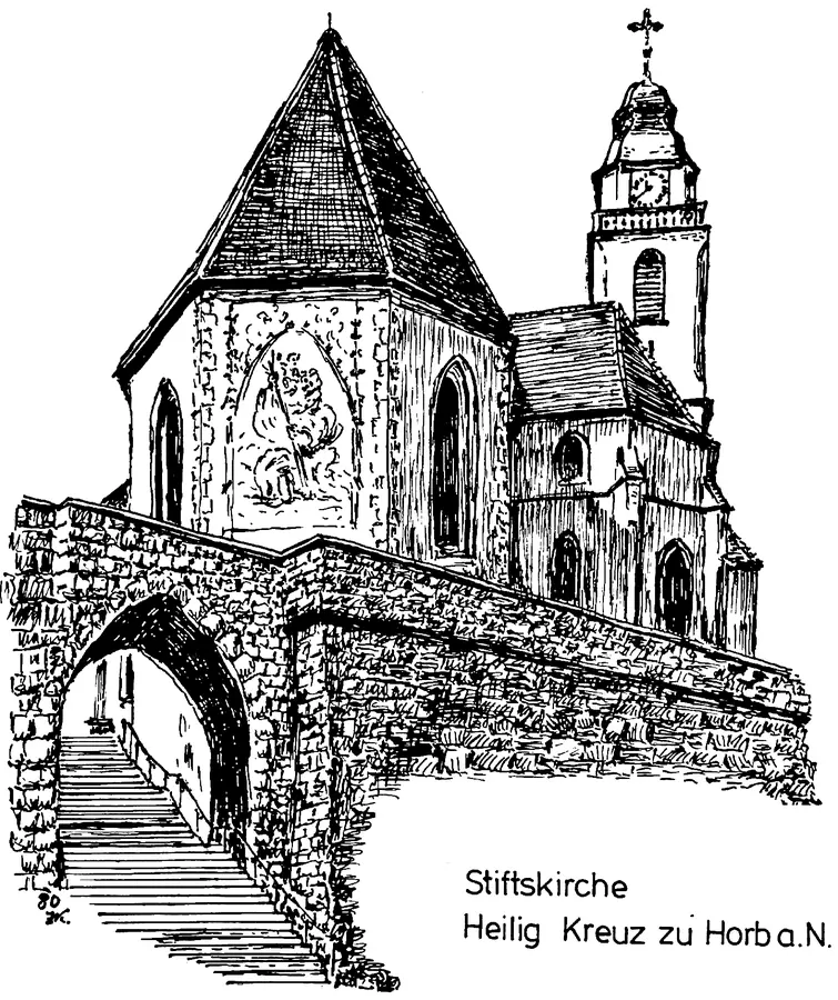 Zeichnung der Stiftskirche Heilig Kreuz in Horb am Neckar mit dem Torbogen darunter