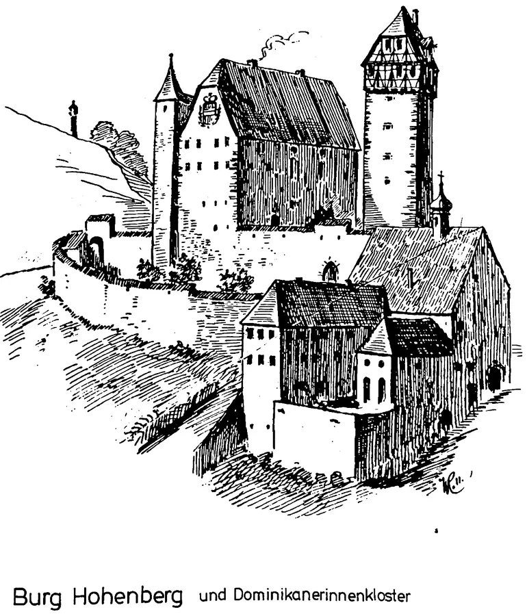 Zeichnung der Burg Hohenberg über Horb mit dem Dominikanerinnenkloster