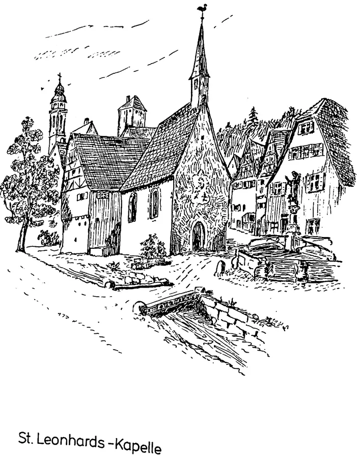 Zeichnung der St. Leonhards-Kapelle in Horb zwischen Wohnhäusern