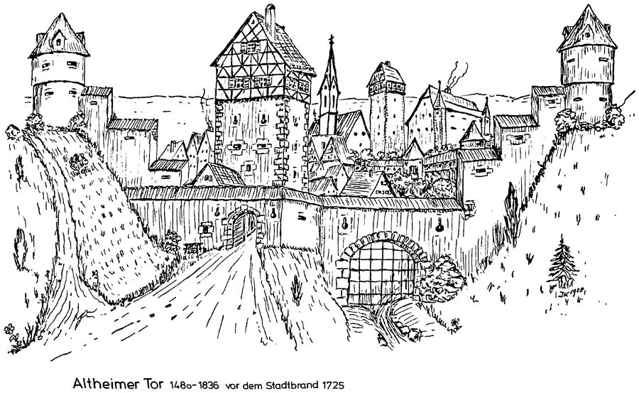 Zeichnung des Altheimer Tors in Horb vor dem Stadtbrand von 1725
