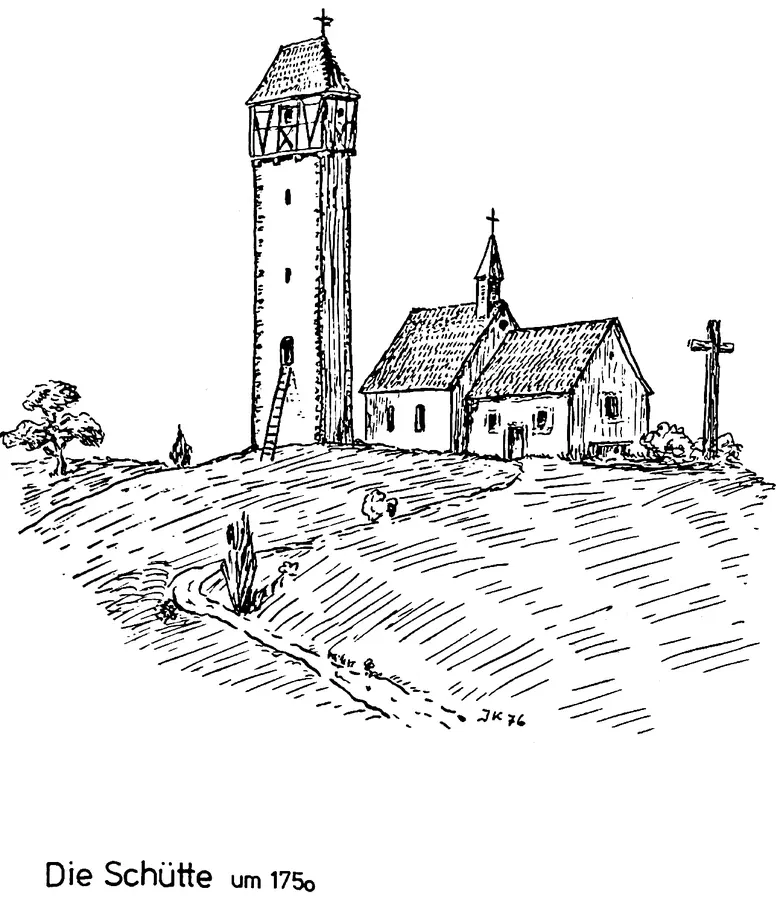 Zeichnung des Schütteturms mit der Ottilienkapelle auf dem Berg über Horb um 1750