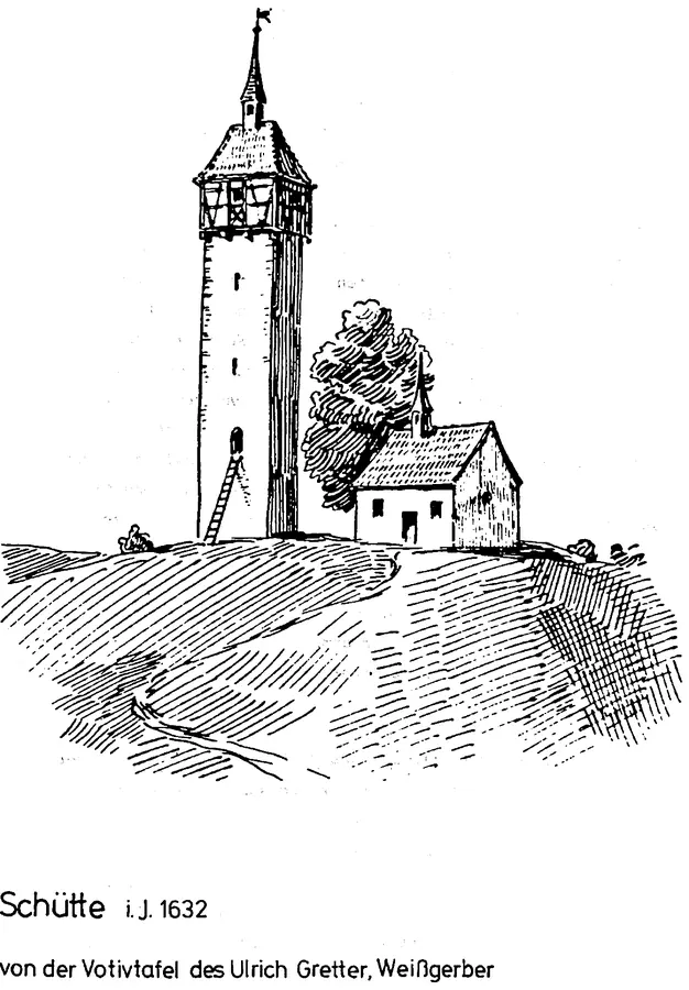 Zeichnung der Schütte im Jahr 1632 nach der Votivtafel des Weißgerbers Ulrich Gretter